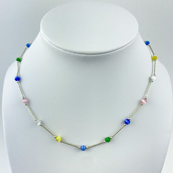 New Sterling Silver 925 Multicolor Synthetic Cat's Eye Beaded Necklace 15.75" - Picture 1 of 5